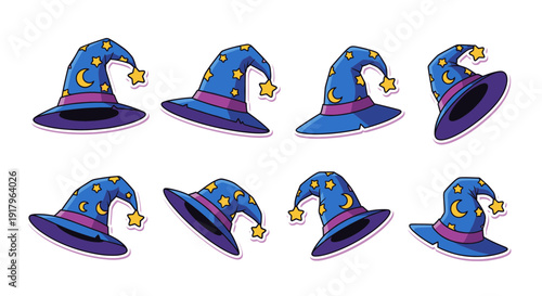 Colorful wizard hats with stars and moons in various angles  