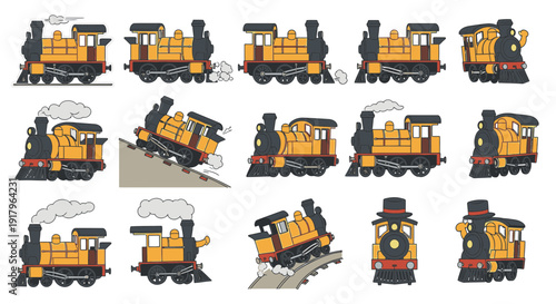 Vintage cartoon locomotives in various positions and movements  