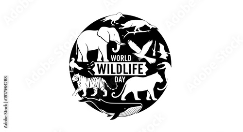 World Wildlife Day vector illustration with animal silhouettes forming a globe, flat monochrome design on white background, conservation concept, scalable SVG style