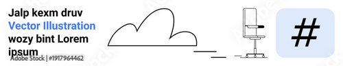 Chair on wheels, cloud, bold metadata tag, and placeholder text arranged in a minimalist style. Ideal for office design, social media, creative concepts, abstract layouts, cloud computing modern