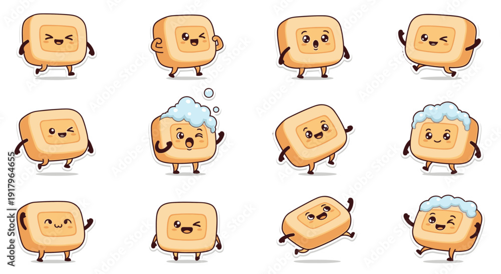 Fototapeta premium Cartoon soap bar character expressions in various playful poses 