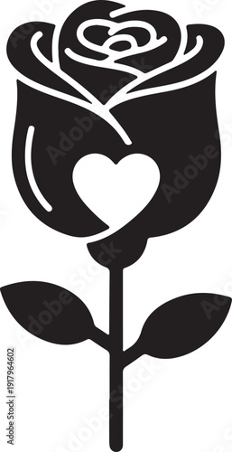 Rose with Heart Icon Love, Romance and Valentine Symbol Vector.