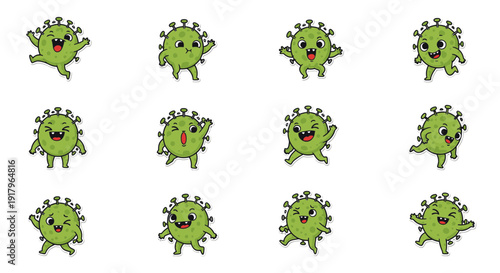 Cartoon virus characters expressing various emotions in playful poses  