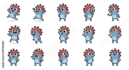 Cute virus character with happy expressions and playful poses  
