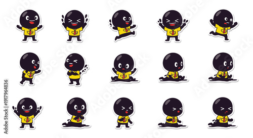 Animated character poses expressing various emotions and actions  