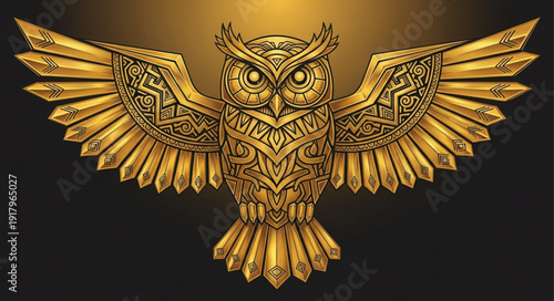 Golden Owl Sculpture with Intricate Carvings and Spread Wings.