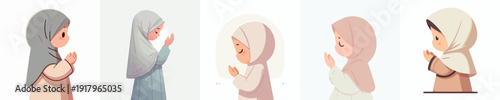 half body vector of a little Muslim girl gesture praying the month of Ramadan side view