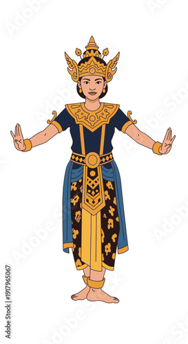 Traditional dancer performing in ornate costume with hands raised  