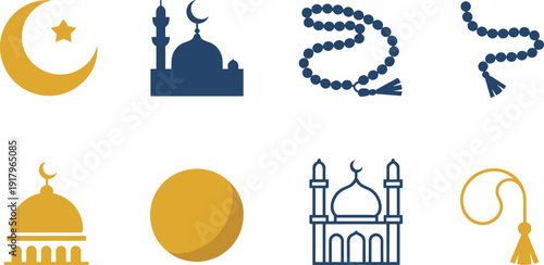 Islamic religion flat icons set, crescent moon mosque prayer beads dome tasbih and Ramadan symbols vector illustration collection
