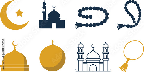 Islamic religion flat icons set, crescent moon mosque dome tasbih prayer beads and Ramadan symbols vector illustration