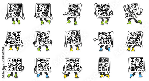 QR code character walking and posing in various colorful styles  
