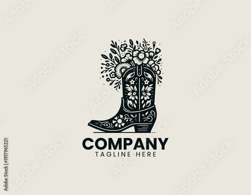 Decorative cowboy boots filled with blooming wildflowers black vector logo illustration white background