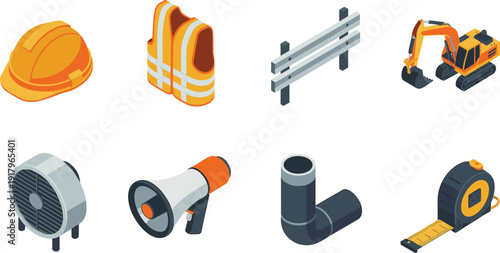 Isometric construction safety equipment icons set, 3D industrial tools and machinery illustration with helmet vest excavator fan pipe tape