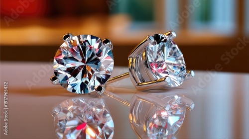 Stunning close-up of elegant diamond earrings showcasing brilliant cut and sparkling reflections on polished surface with soft background bokeh effect