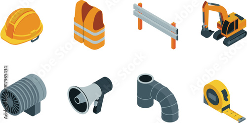 Isometric construction tools and safety equipment icons set, 3D industrial machinery illustration with helmet vest excavator pipe fan tape