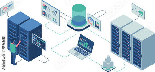 Isometric data center infrastructure, server racks, database storage, cloud computing network management, IT administrator monitoring system analytics dashboard illustration concept