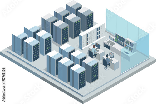 Isometric data center with technicians monitoring server racks and network operations cloud computing infrastructure technology control room illustration,