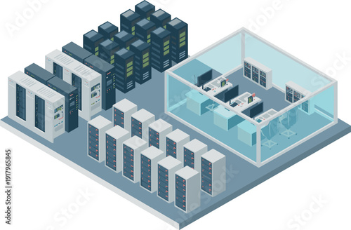 Isometric data center with server racks and network operations control room cloud computing infrastructure technology system illustration modern,