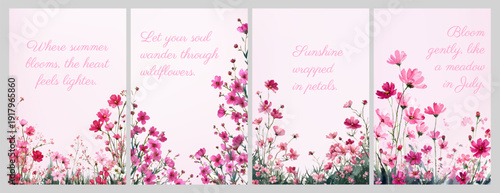 Spring wildflower collection in watercolor style. Floral frames and cards with delicate wild blooms, botanical branches, and vintage charm for wedding stationery. Vector illustration.