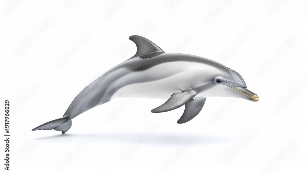 Obraz premium Dynamic striped dolphin gracefully leaping, showcasing agility and the vibrant spirit of marine wildlife. A beautiful symbol of ocean beauty and freedom, isolated on white background