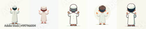 vector of a little Muslim boy standing gesture praying the month of Ramadan back view