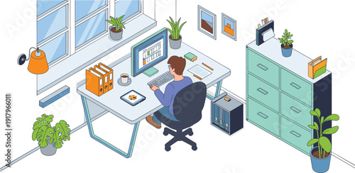Isometric modern home office workspace, professional using computer and tablet, remote work productivity business data analysis illustration concept