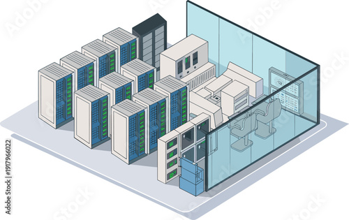 Art & IllustrIsometric modern data center server room with rack servers cooling system network infrastructure technology control monitoring facility illustration concept design,ation