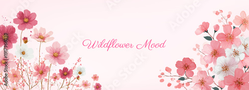 Spring wildflower arrangement in soft watercolor style. Floral composition with pink blooms, daisies, and botanical leaves creates elegant frame for wedding cards and invitations.