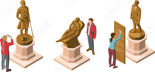 Isometric museum exhibition illustration, visitors viewing classical sculptures and statues with information board in modern art gallery setting
