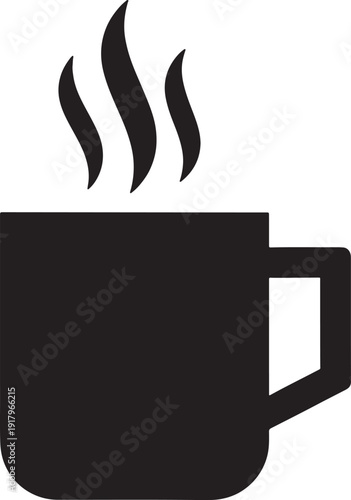 Minimalist black coffee mug silhouette icon with steam and geometric handle for cafe and breakfast beverage design
