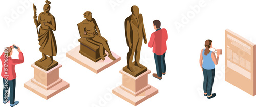 Isometric museum gallery illustration with visitors viewing classical statues and reading information board in cultural exhibition setting