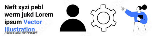 Person icon, gear symbol, and woman holding document pointing toward focus direction. Ideal for teamwork, collaboration, productivity, goal setting, teamwork mechanics, business planning simple