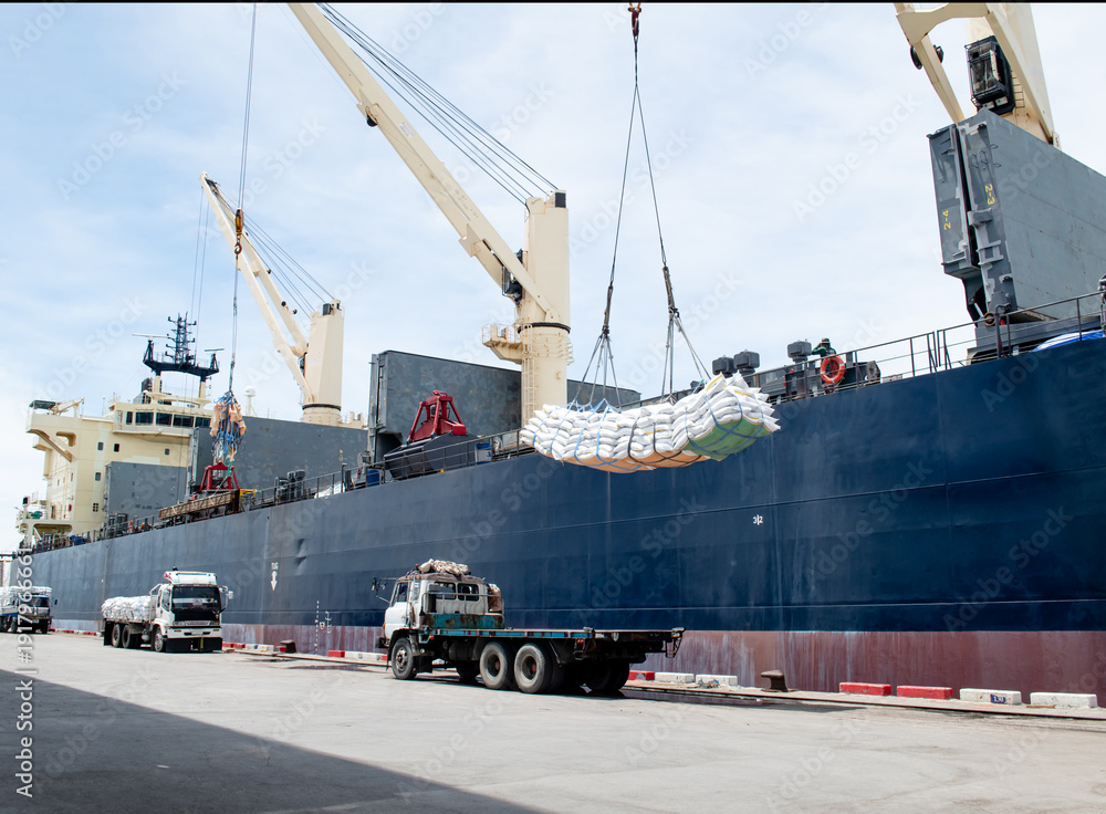 Fototapeta premium Bulk carrier ship unloading cargo at port terminal. Industrial vessel docked at maritime pier with deck cranes lifting heavy bags onto trucks, concept for global trade and logistics.