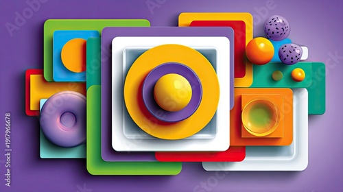 Abstract Composition of Colorful Geometric Shapes and Designs on Purple Background for Creative and Artistic Use in Various Projects