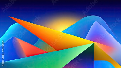 Vibrant Geometric Landscape with Colorful Shapes and Dynamic Angles Against a Deep Blue Background Featuring a Glowing Sunrise in the Horizon