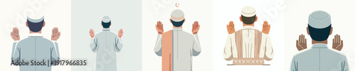 half body vector of a Muslim man standing gesture praying the month of Ramadan back view