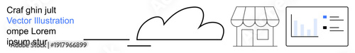 Cloud computing, business analytics, data storage, retail technology, ecommerce, small business solutions. Minimalist design with cloud, storefront and data chart. Cloud computing and business
