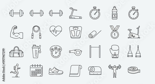 Gym and Fitness Icons: Bodybuilding, Cardio, and Sports Equipment