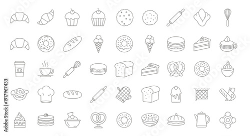 Bakery Icon Set: Bread, Pastries, Cakes, and Baking Tools