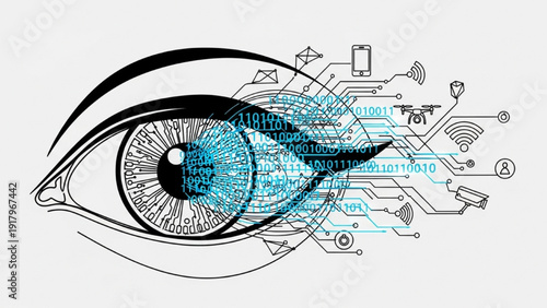 Black continuous line art of a digital eye with flowing data streams, surveillance, connectivity, and smart technology concept