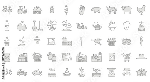 Farming and Agriculture Icons: Tractor, Barn, Crops, Animals, and Weather