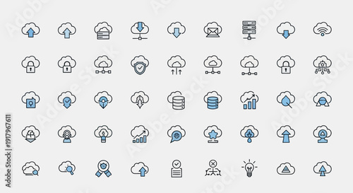 Cloud Computing Icons: Data Storage, Upload, Download, and Network