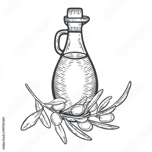 Olive oil glass bottle, with olives on a twig, brunch with leaves, corked jar, engraving isolated