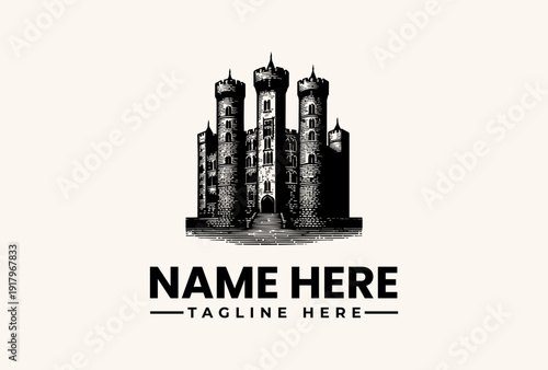 Black and white illustration of a medieval castle with towers and battlements, accompanied by a logo template with placeholder text on a beige background.