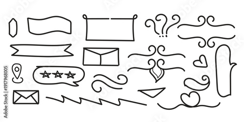 A collection of various black line art illustrations and symbols