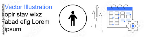 Business planning, task scheduling, organization, workflow, productivity, data management. Person icon, arrow graphs calendar and gear symbol. Task scheduling and organization concept