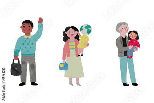 Diverse group of people including families standing and waving cheerfully