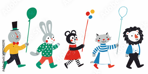 A whimsical parade of animal characters with balloons and a playful vibe