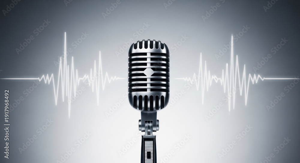 Fototapeta premium A retro microphone with sound wave visuals against a gradient grey background