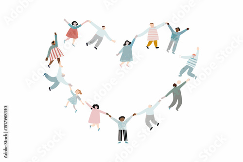 Diverse group of people forming a heart shape symbolizing unity